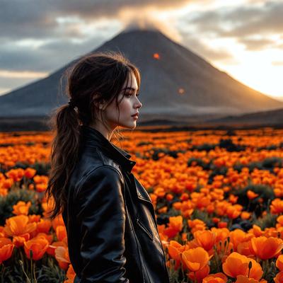 The primary subject of the image is a woman standing in a field of flowers. She is wearing a leather jacket and has her hair in a ponytail. The setting is a beautiful, colorful field filled with flowers, creating a vibrant and lively atmosphere. The visual style of the image is a photo, capturing the woman and the flowers in their natural environment. The colors and mood of the image are predominantly warm and inviting, with the woman and the flowers creating a sense of serenity